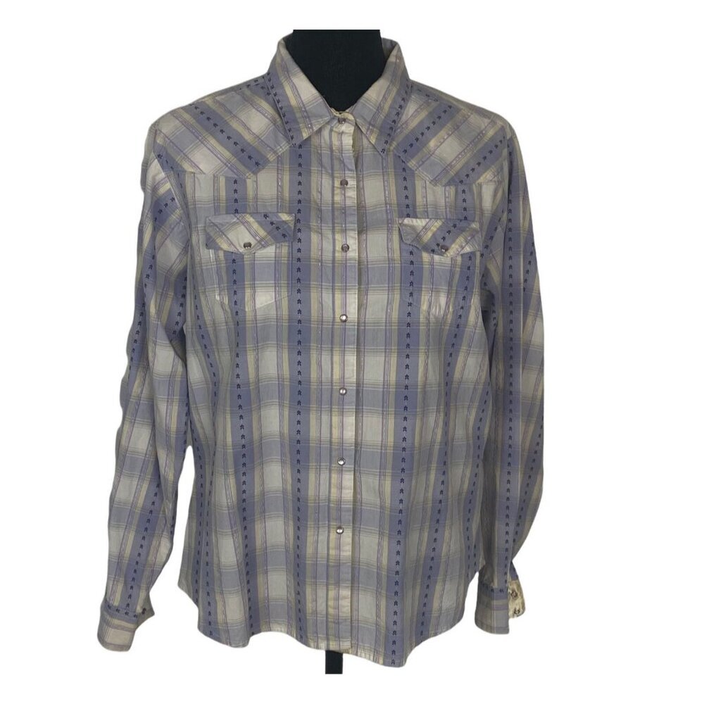 WRANGLER Women Snap Front Shirt Size L Purple Stripped Western Cowgirl 61-1